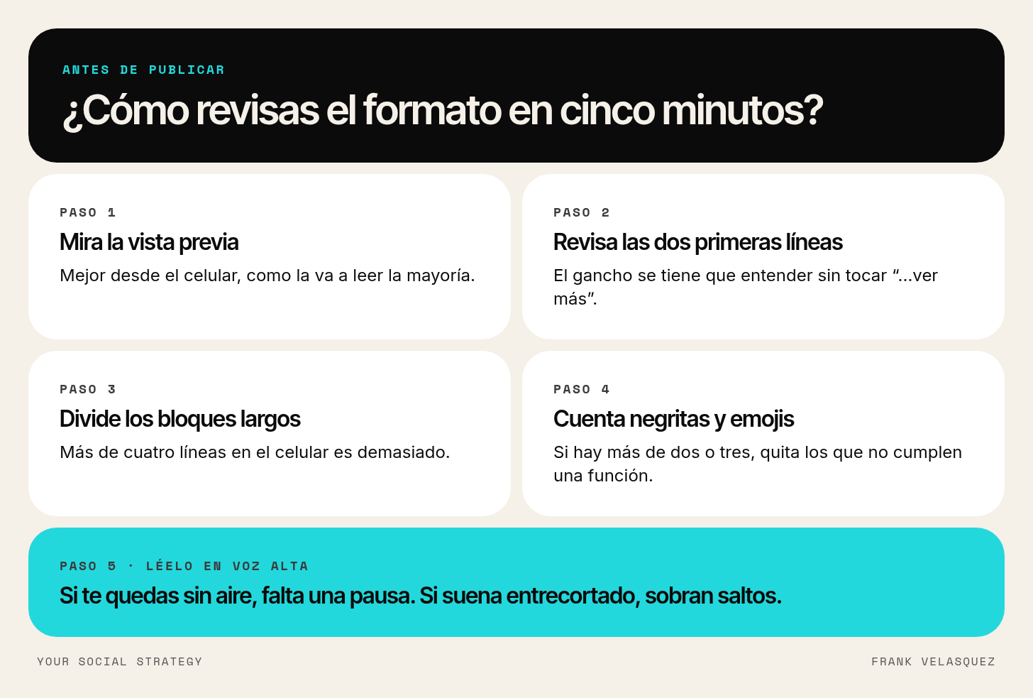 Revisión de formato en cinco pasos antes de publicar en LinkedIn: mirar la vista previa en el celular, revisar las dos primeras líneas, dividir bloques largos, contar negritas y emojis, y leer en voz alta