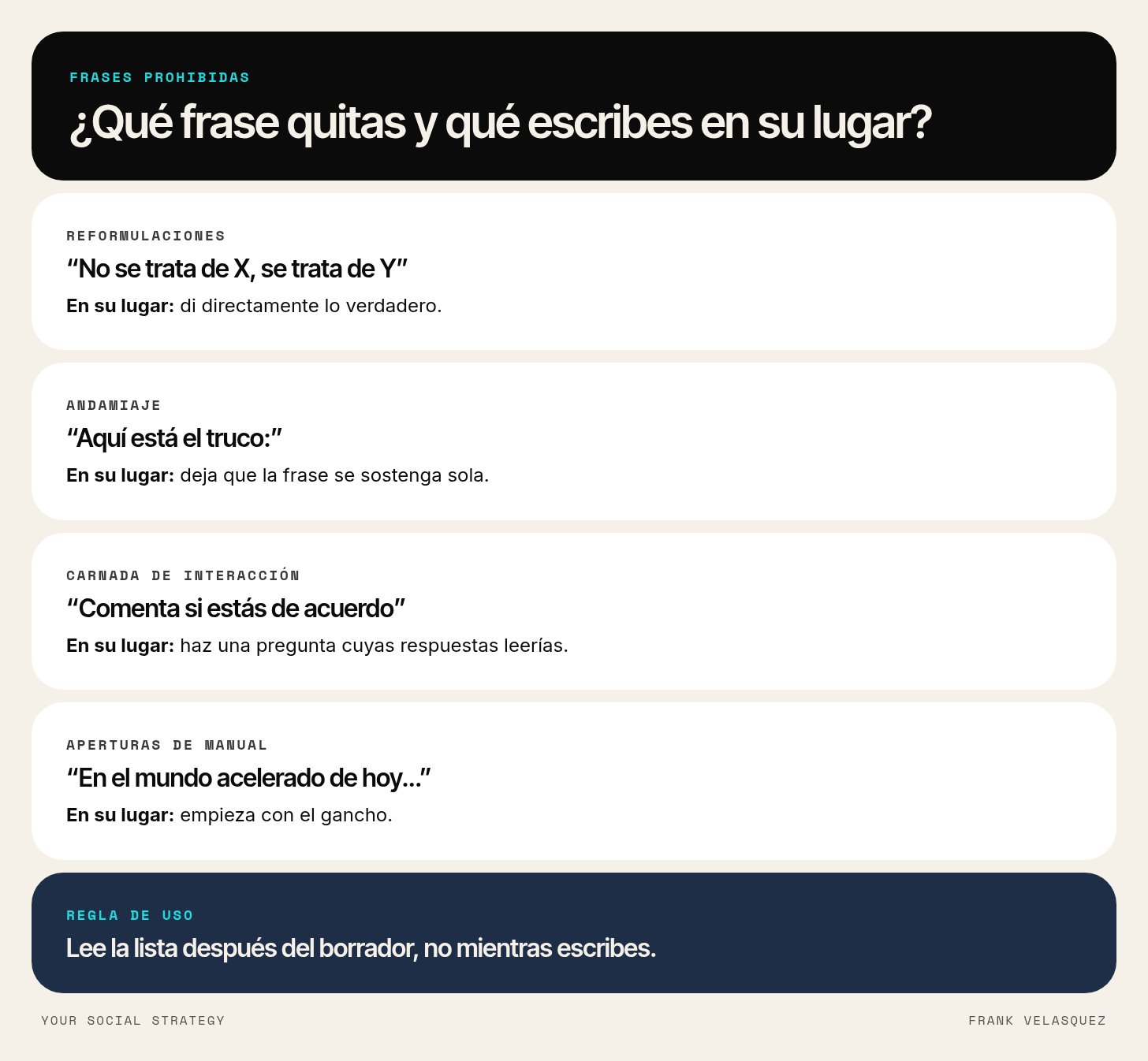Ejemplos de frases prohibidas en una guía de estilo de LinkedIn y qué escribir en su lugar
