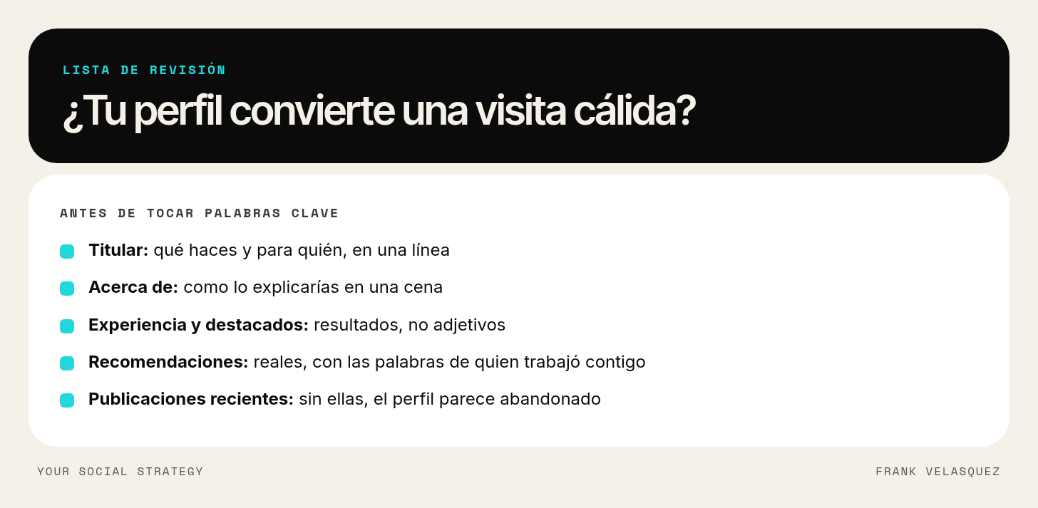 Lista de revisión del perfil de LinkedIn: titular, Acerca de, experiencia y destacados, recomendaciones y publicaciones recientes