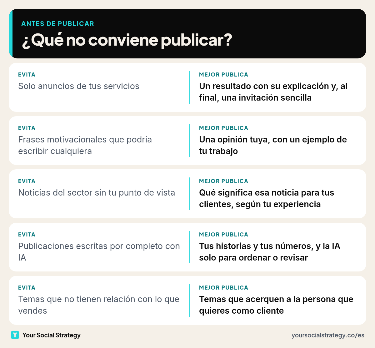 Qué no conviene publicar en LinkedIn y qué publicar en su lugar: de anuncios a resultados explicados, de frases motivacionales a opiniones propias y de posts hechos por completo con IA a tus historias y tus números